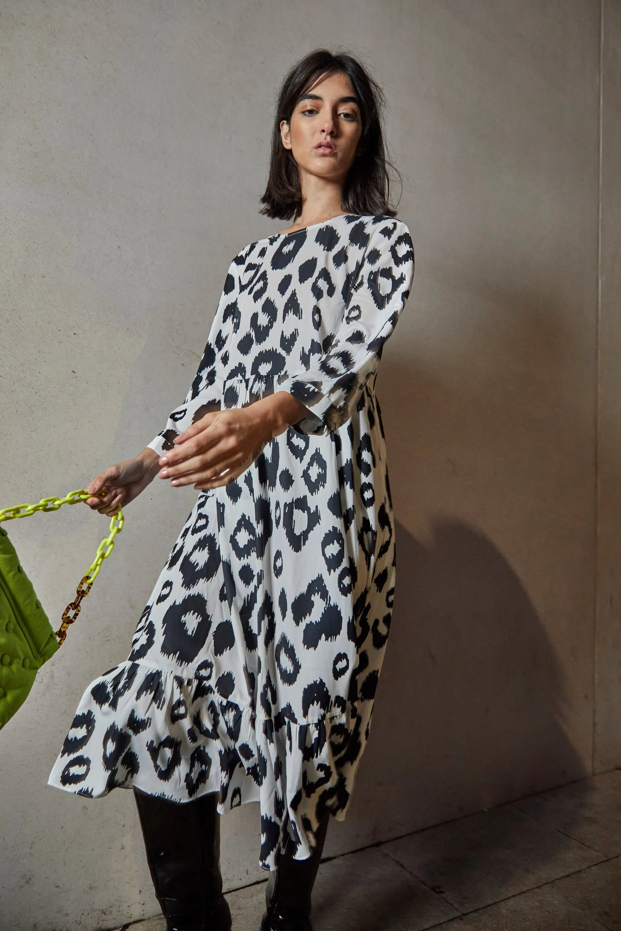 Glamorous Black White Leopard Midi Long Sleeve Wrap Dress