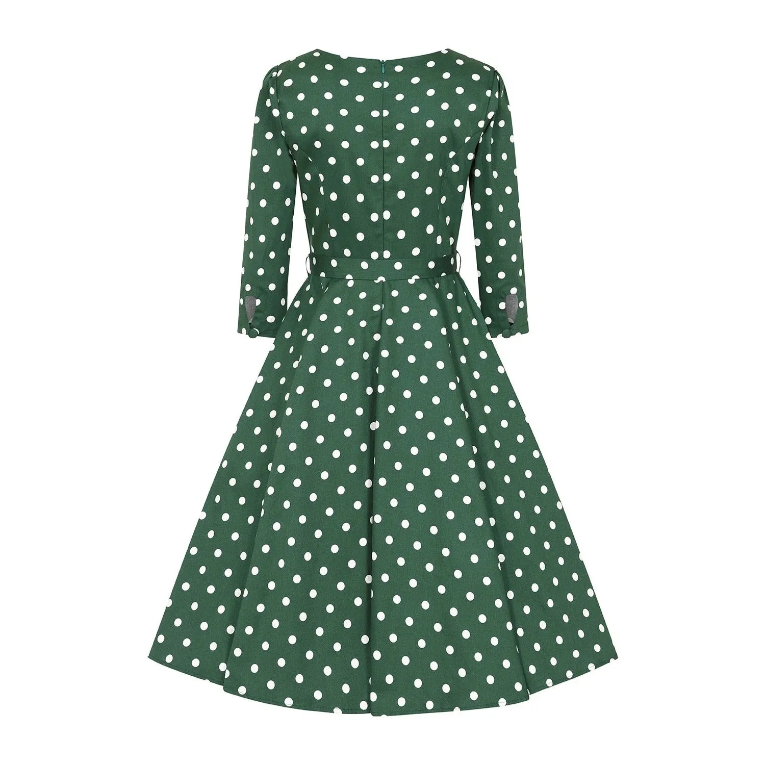 Green And White Polka Dot Vintage 50s 3/4 Sleeve Swing Dress  by