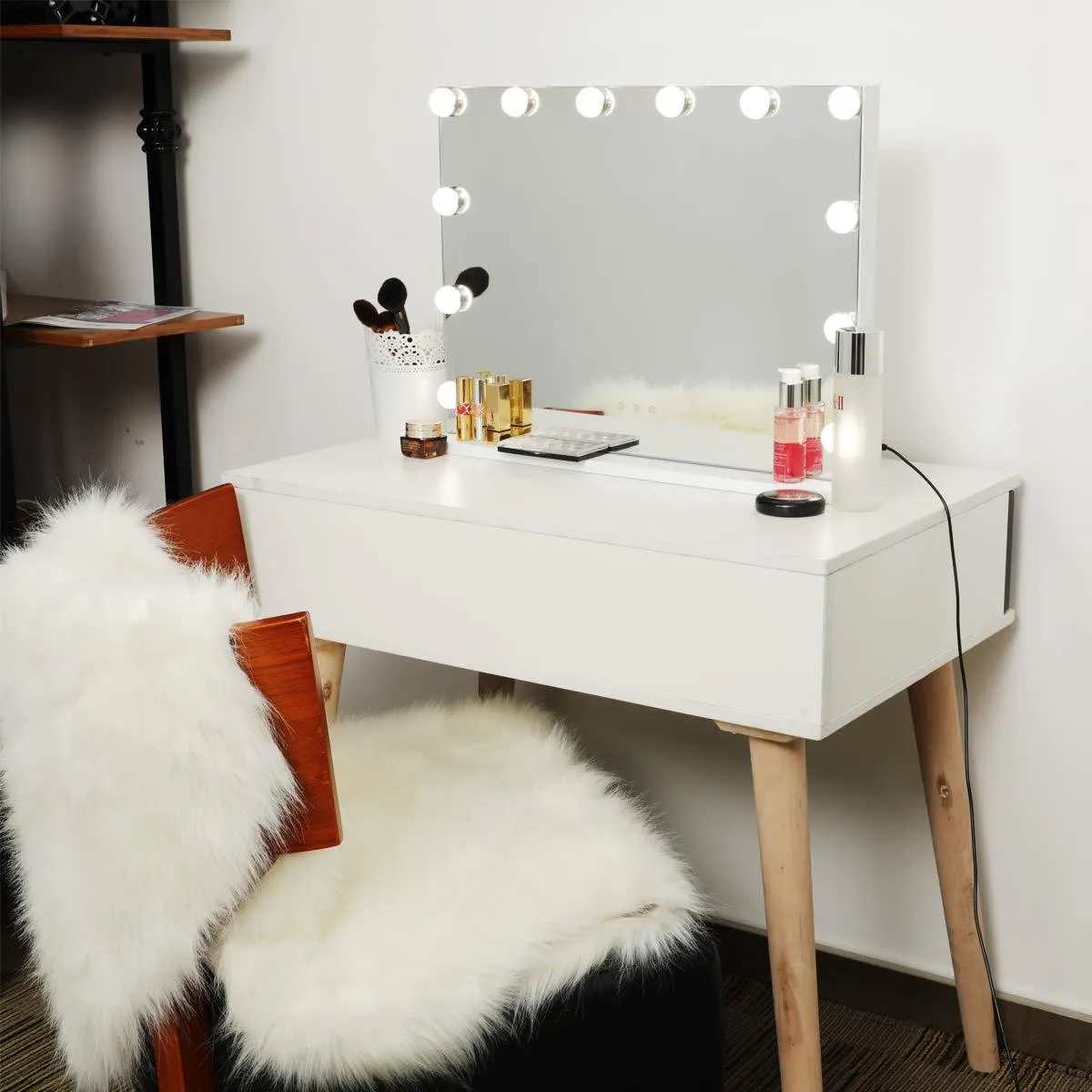 Hollywood Mirror Makeup Vanity Mirror with Lights, Touch Control Light-up Beauty Musthaves Smart Cosmetic Tabletops with 3 Color Dimmable Bulbs, USB Charging Port, 22.8" W x 18.2" H, White