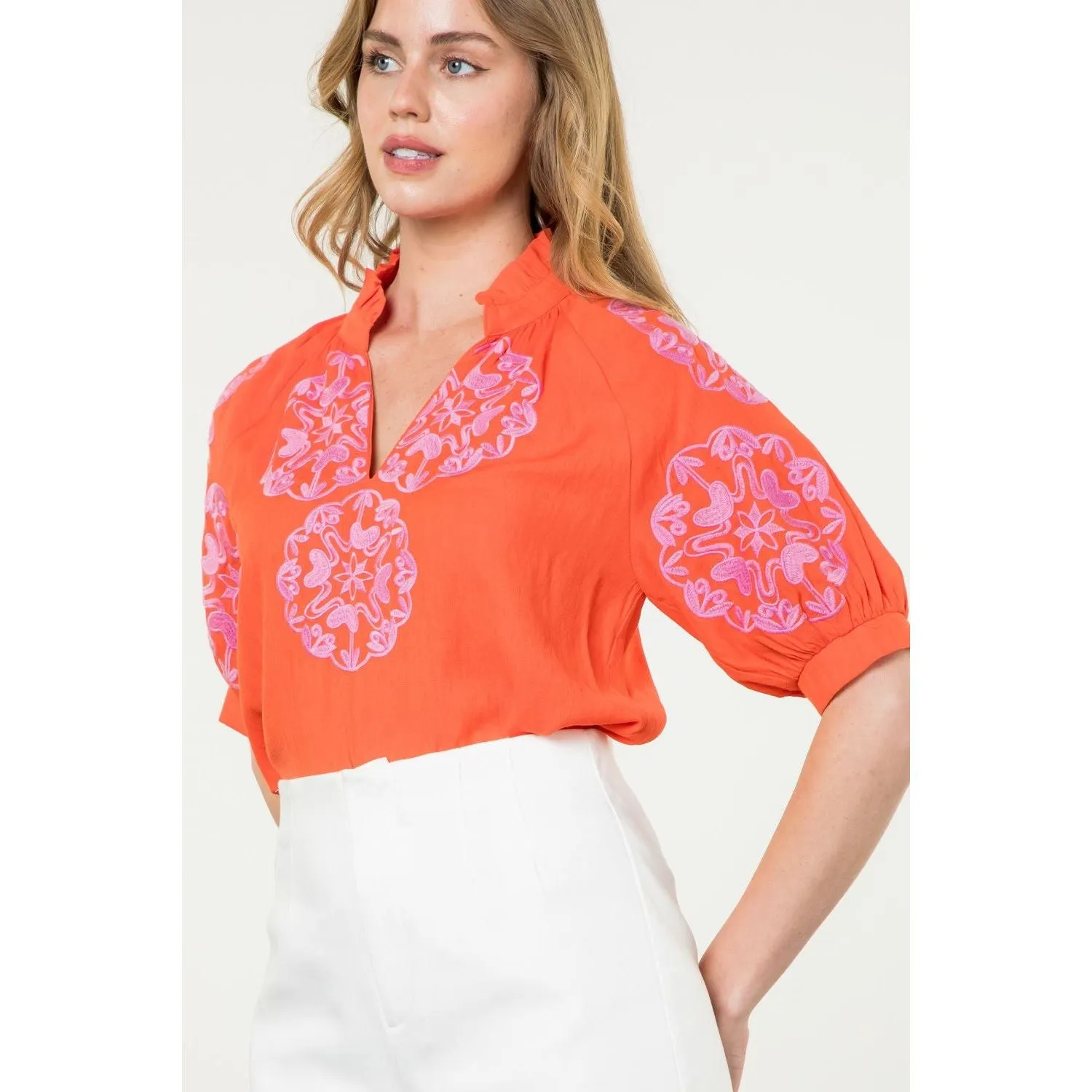 Joyce Embroidered Detail Short Sleeve THML Top