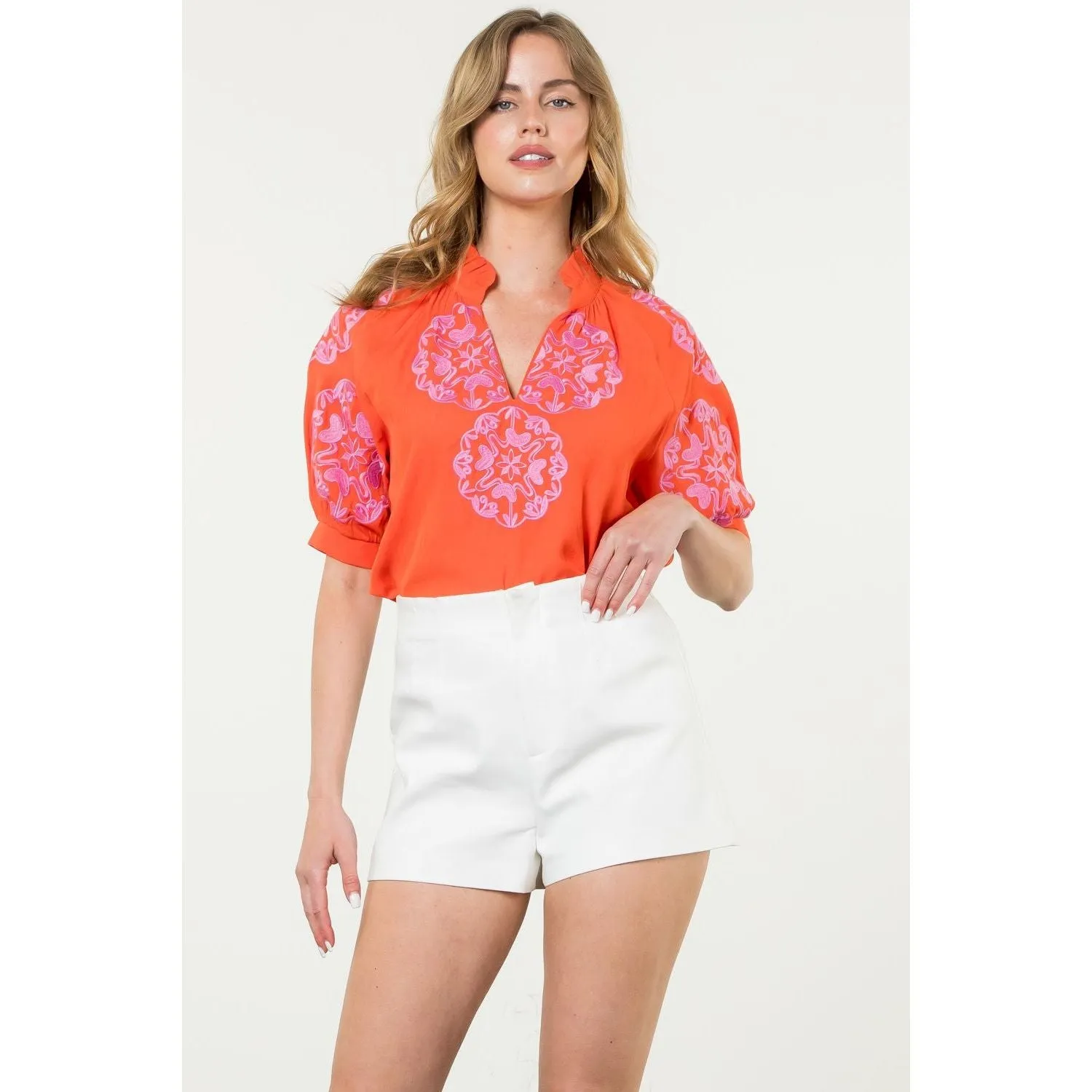 Joyce Embroidered Detail Short Sleeve THML Top