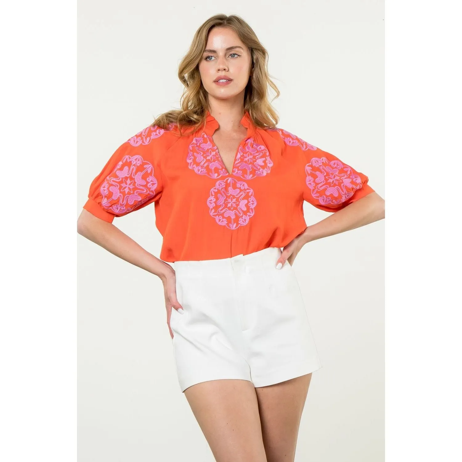 Joyce Embroidered Detail Short Sleeve THML Top