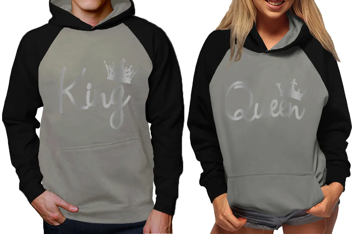 King Queen Couple Raglan Hoodies, Black Grey Contast Hoodies