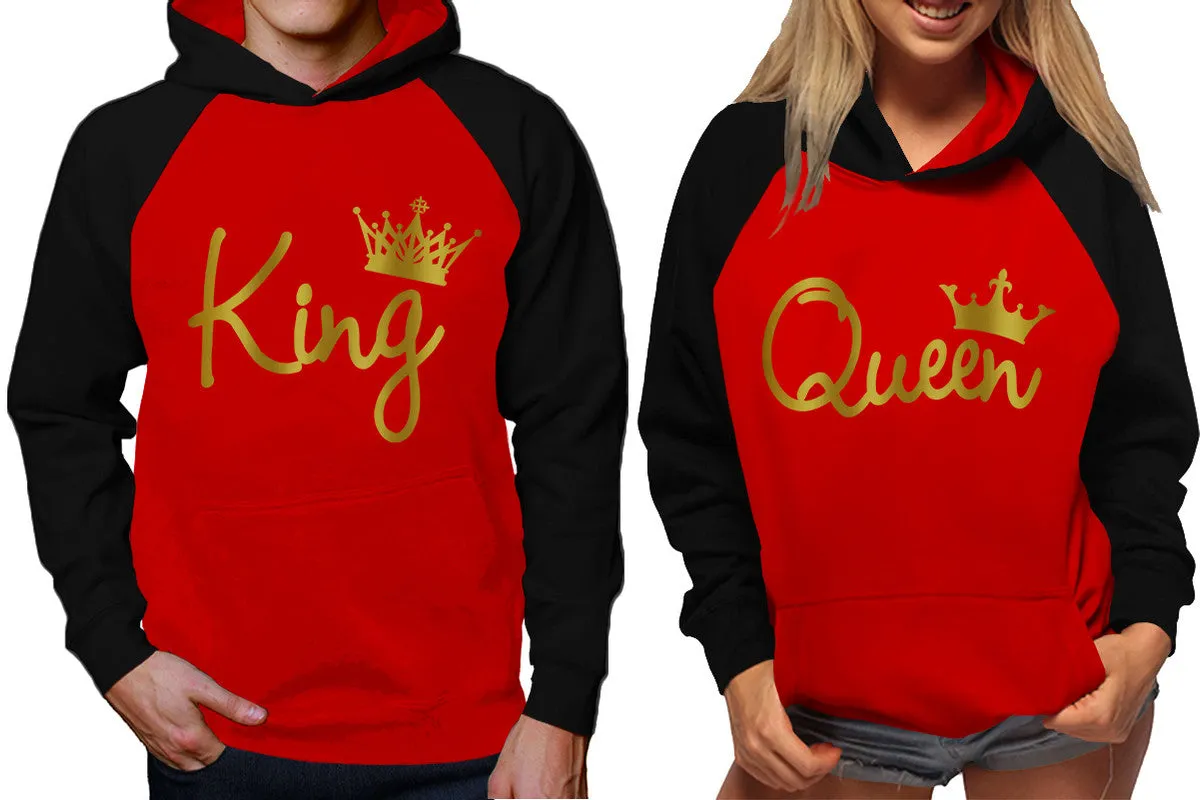 King Queen Couple Raglan Hoodies, Black Red Contast Hoodies