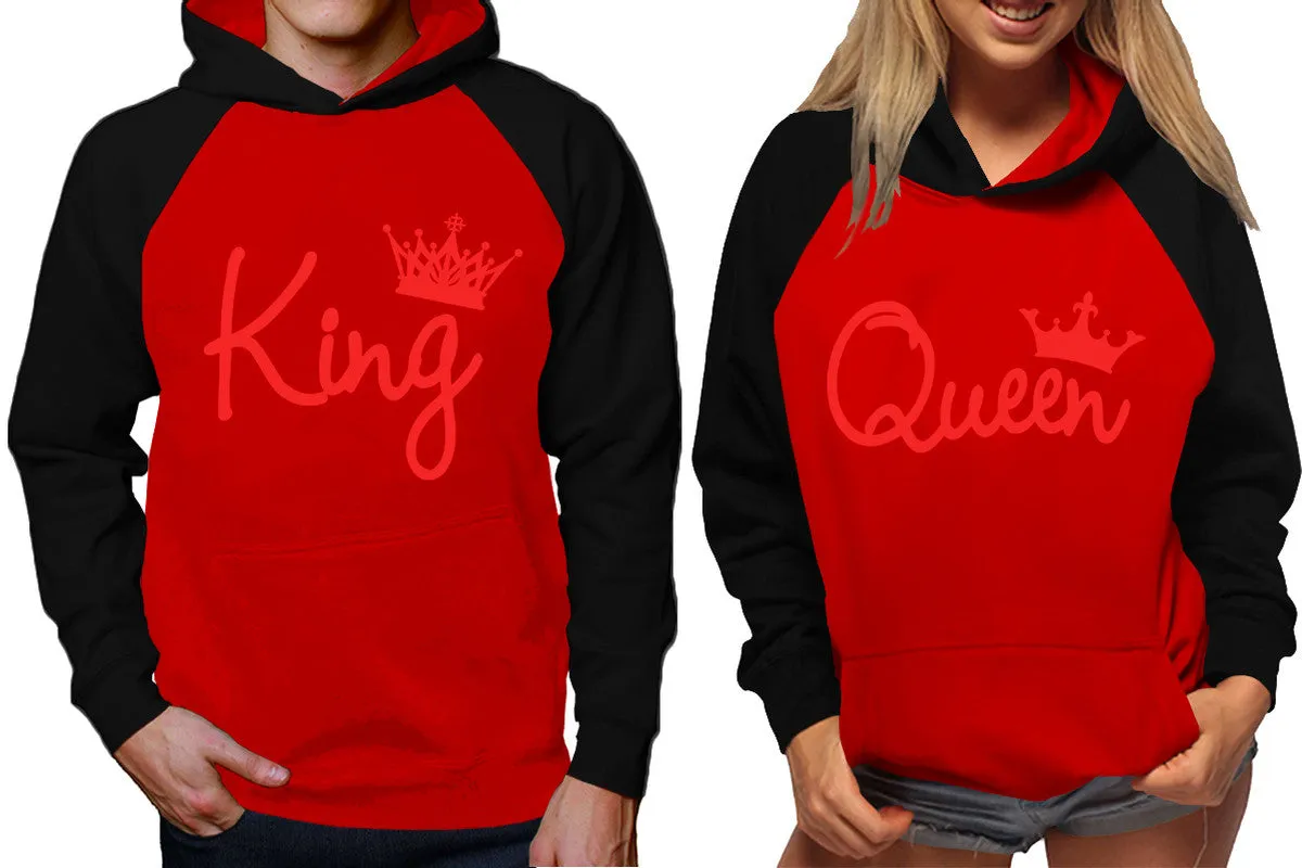 King Queen Couple Raglan Hoodies, Black Red Contast Hoodies