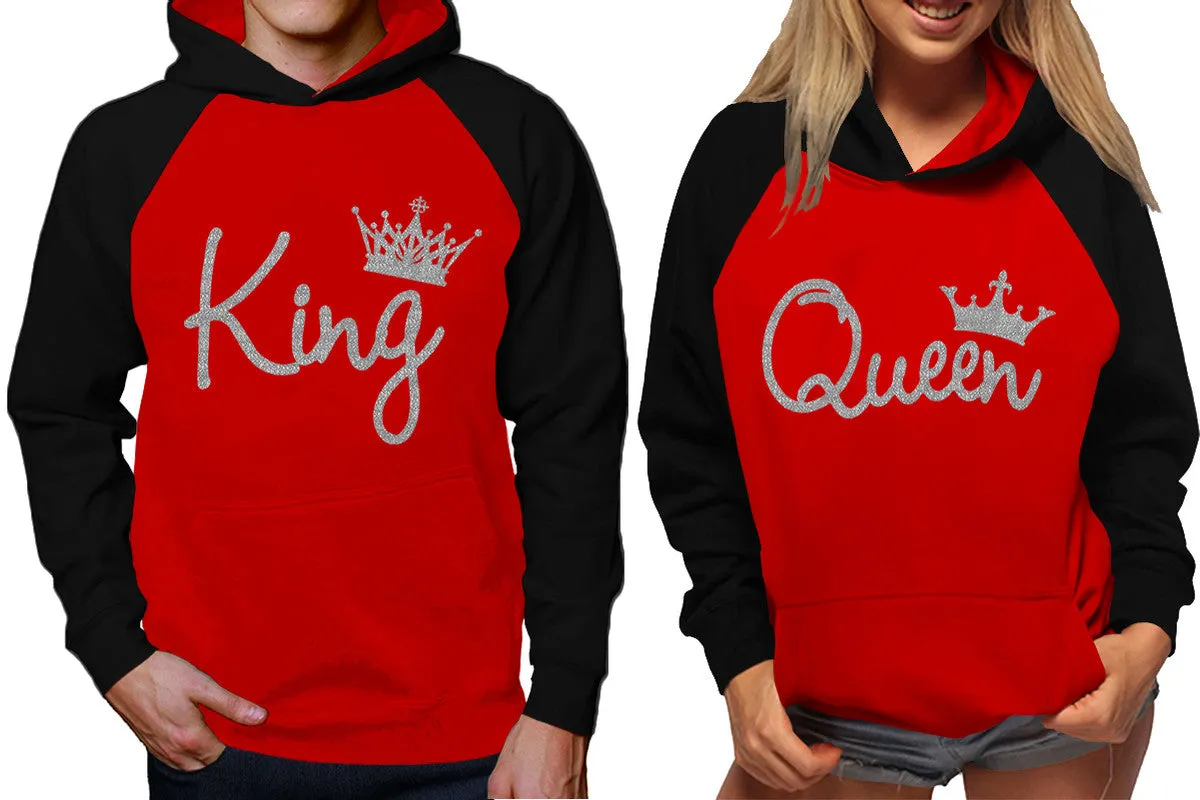 King Queen Couple Raglan Hoodies, Black Red Contast Hoodies