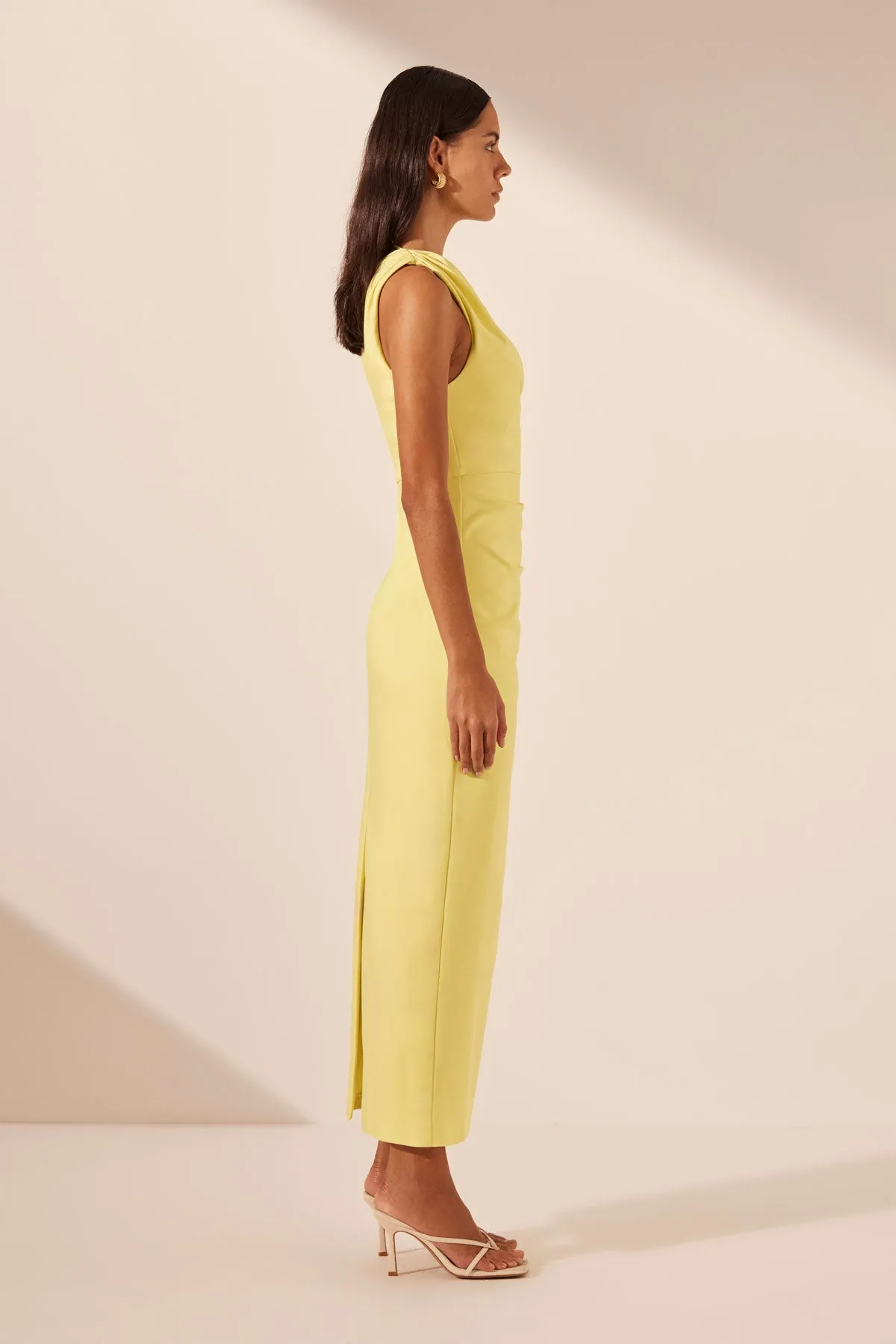 LANI ASYMMETRICAL GATHERED MIDI DRESS - LEMON