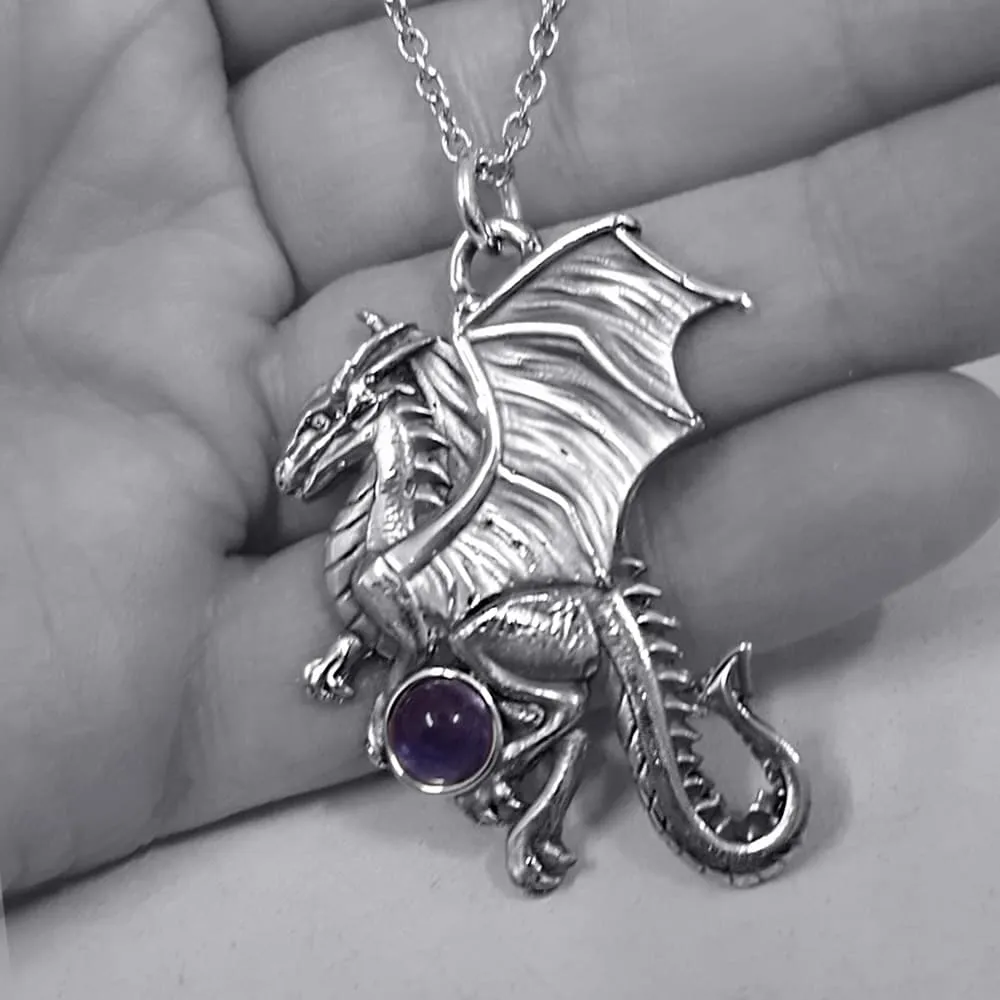 Large Dragon Necklace With Iolite Orb, Handmade Solid Silver Akhekh Dragon Pendant