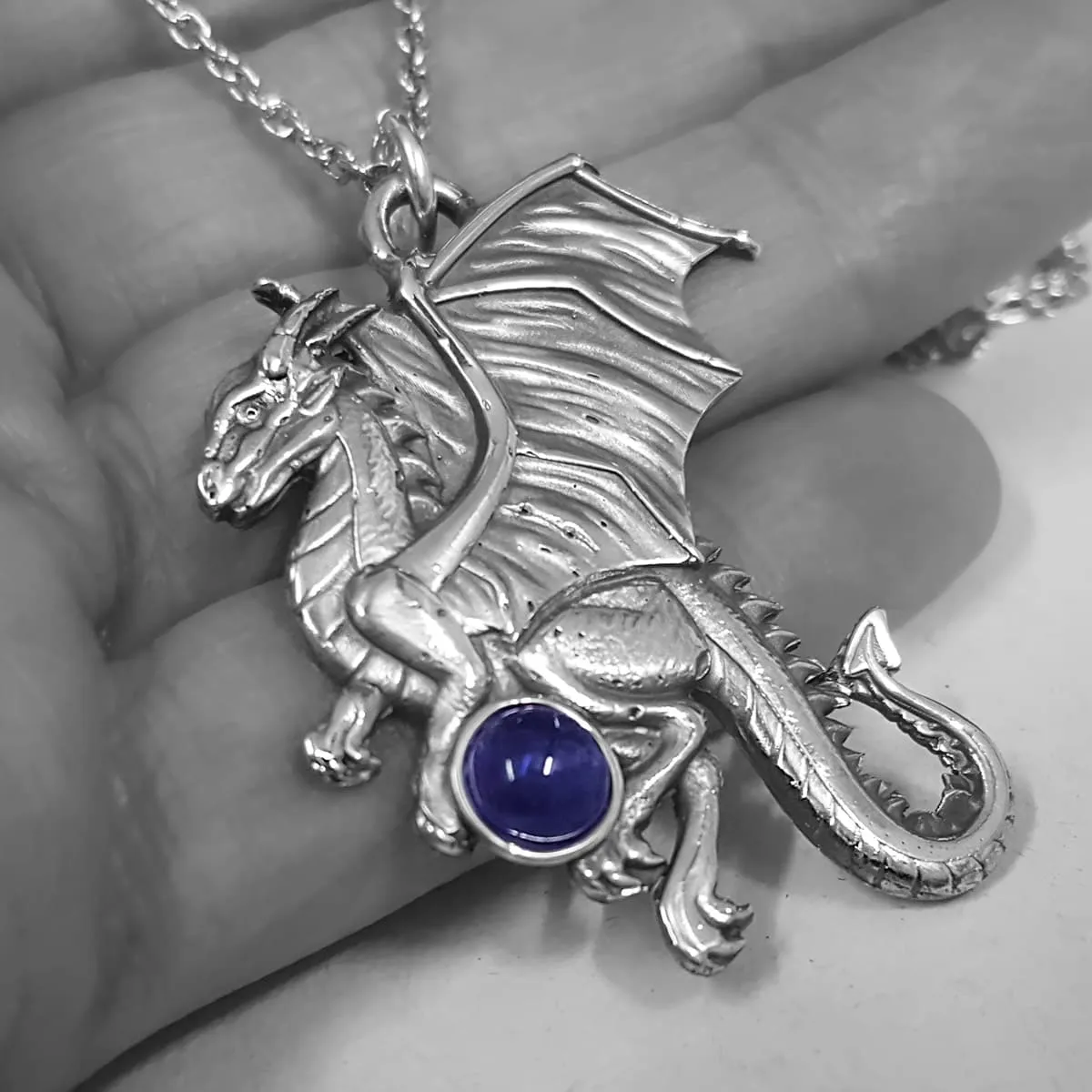 Large Dragon Necklace With Iolite Orb, Handmade Solid Silver Akhekh Dragon Pendant