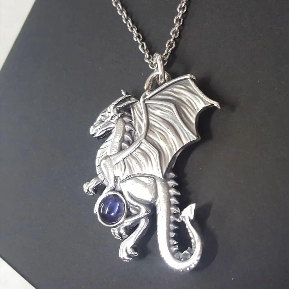 Large Dragon Necklace With Iolite Orb, Handmade Solid Silver Akhekh Dragon Pendant