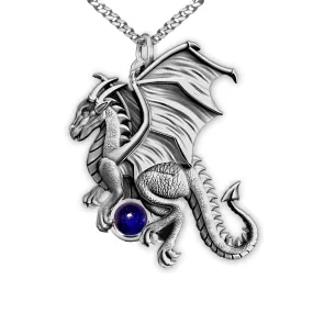 Large Dragon Necklace With Iolite Orb, Handmade Solid Silver Akhekh Dragon Pendant