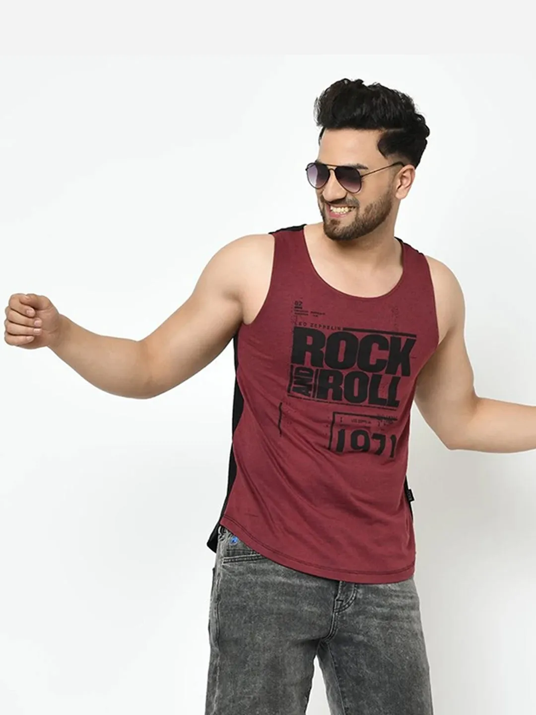 Maroon Black Placement Print With Curved Bottom Cotton Sleeveless T-Shirt Vest