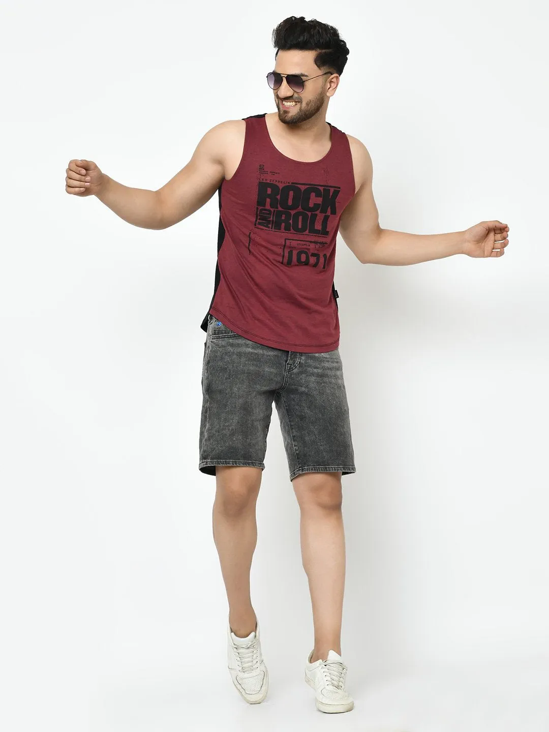 Maroon Black Placement Print With Curved Bottom Cotton Sleeveless T-Shirt Vest