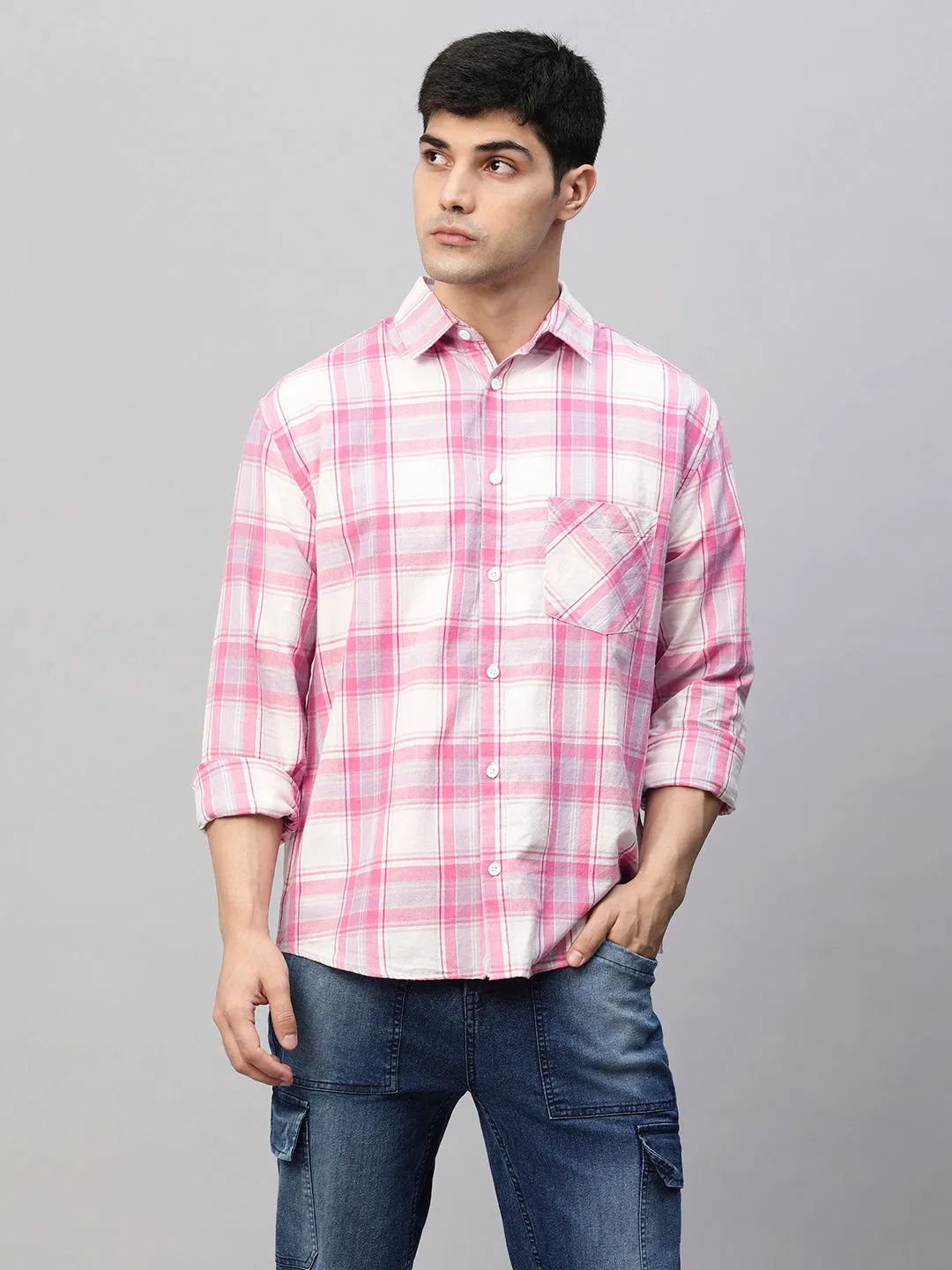 Mens Pink and White Check Relaxed Fit Shirt