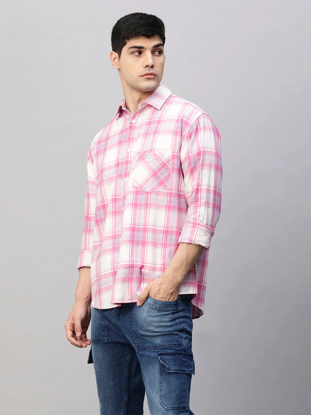 Mens Pink and White Check Relaxed Fit Shirt