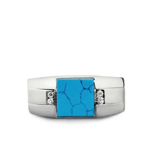 Men's Solid 10K White Gold Turquoise Ring 0.08ct Natural Diamonds