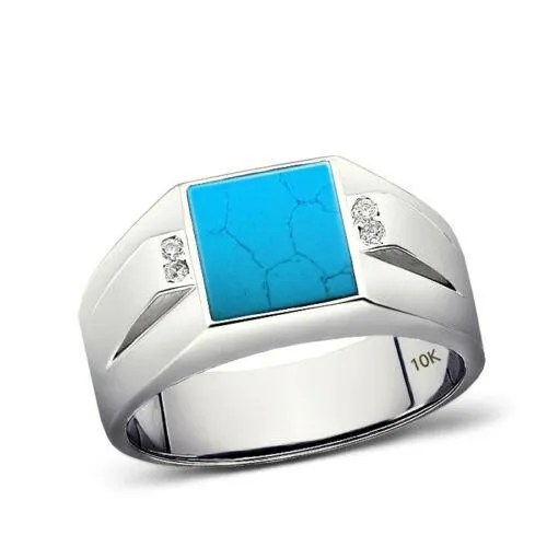 Men's Solid 10K White Gold Turquoise Ring 0.08ct Natural Diamonds