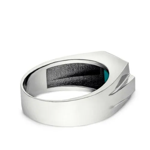 Men's Solid 10K White Gold Turquoise Ring 0.08ct Natural Diamonds