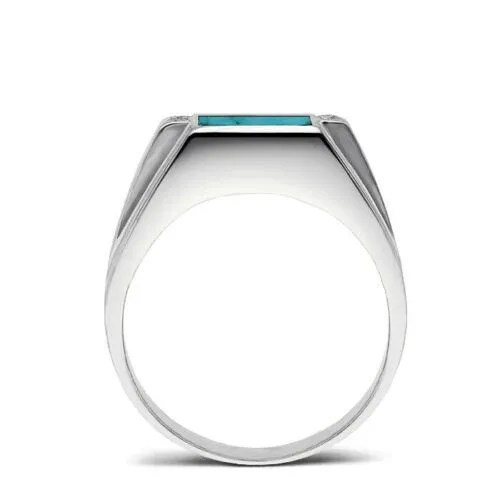 Men's Solid 10K White Gold Turquoise Ring 0.08ct Natural Diamonds