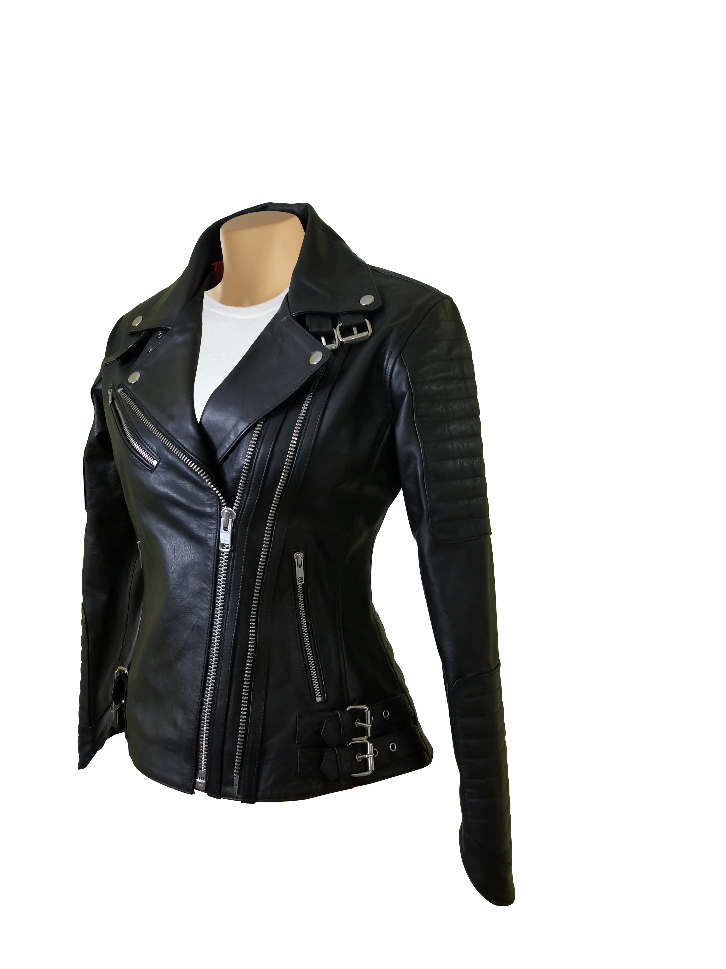 Miyah's double zipper leather jacket with ribbed stitching details