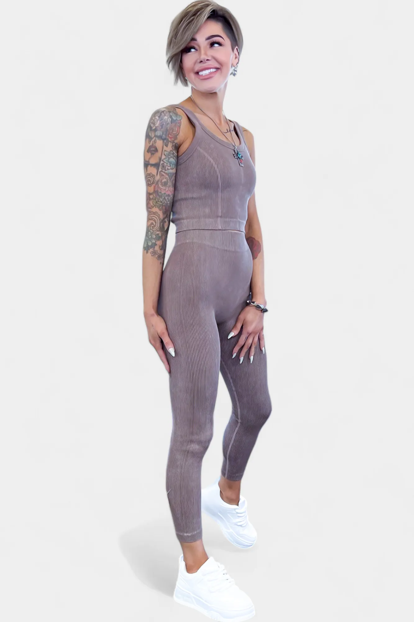 Mocha Ribbed Seamless Tank & Leggings Set