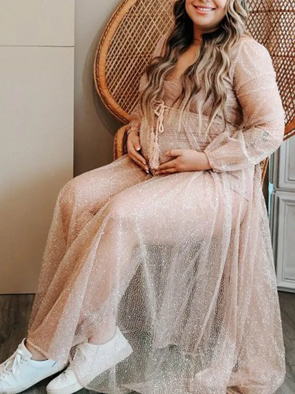 Momnfancy Bright Wire Drawstring Backless High Waist V-Neck Sparkly Baby Shower Maternity Maxi Dress