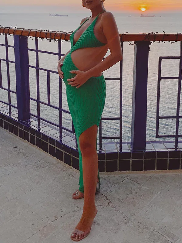 Momnfancy Green Crochet Irregular Cut Out Crop Side Slit Cami Backless Bodycon Chic Beach Vacation Maternity Photoshoot Baby Shower Party Maxi Dress