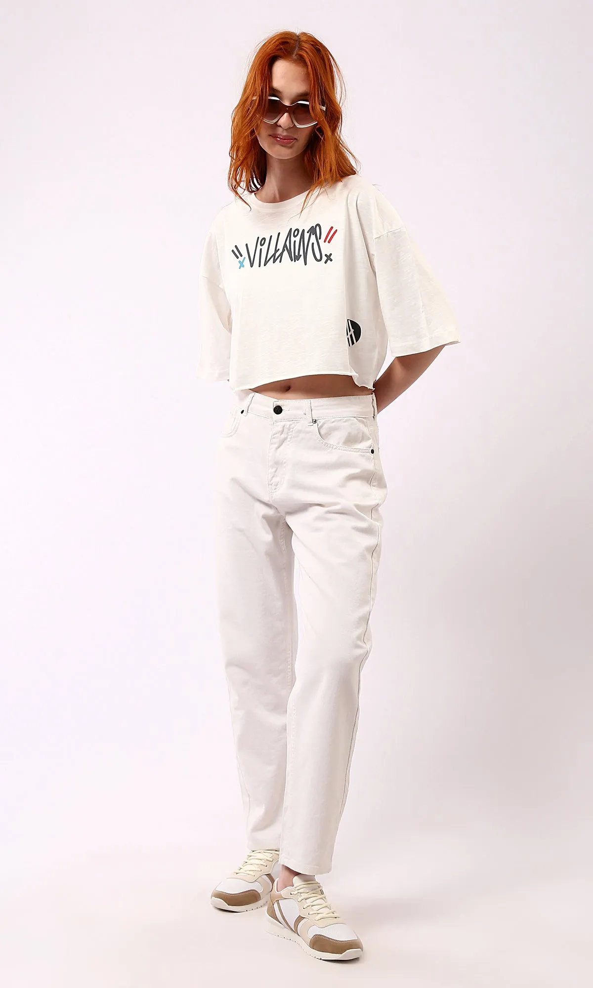 O181684 Front & Back Print Off-White Cropped Tee