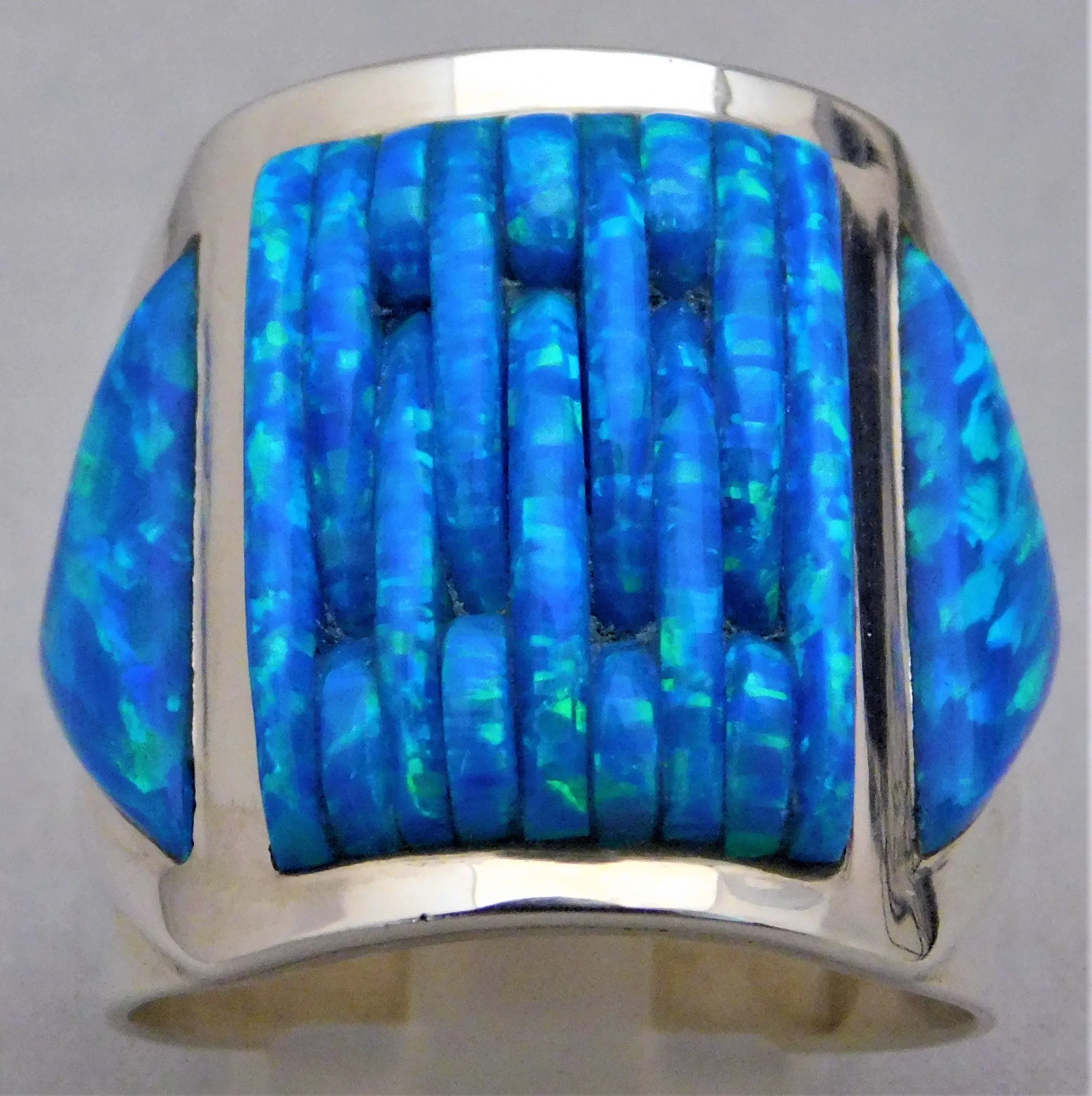 Opal Brilliant Blue/Green Fire Solid Sterling Silver Huge Mens Ring Size 10