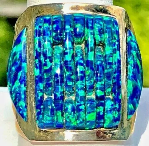 Opal Brilliant Blue/Green Fire Solid Sterling Silver Huge Mens Ring Size 10