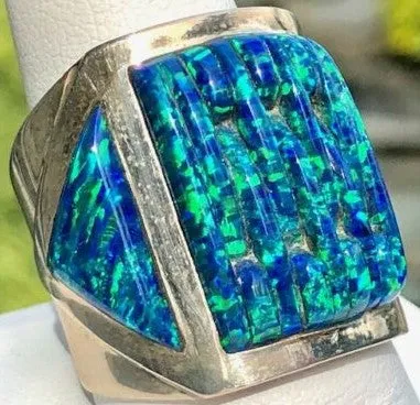 Opal Brilliant Blue/Green Fire Solid Sterling Silver Huge Mens Ring Size 10