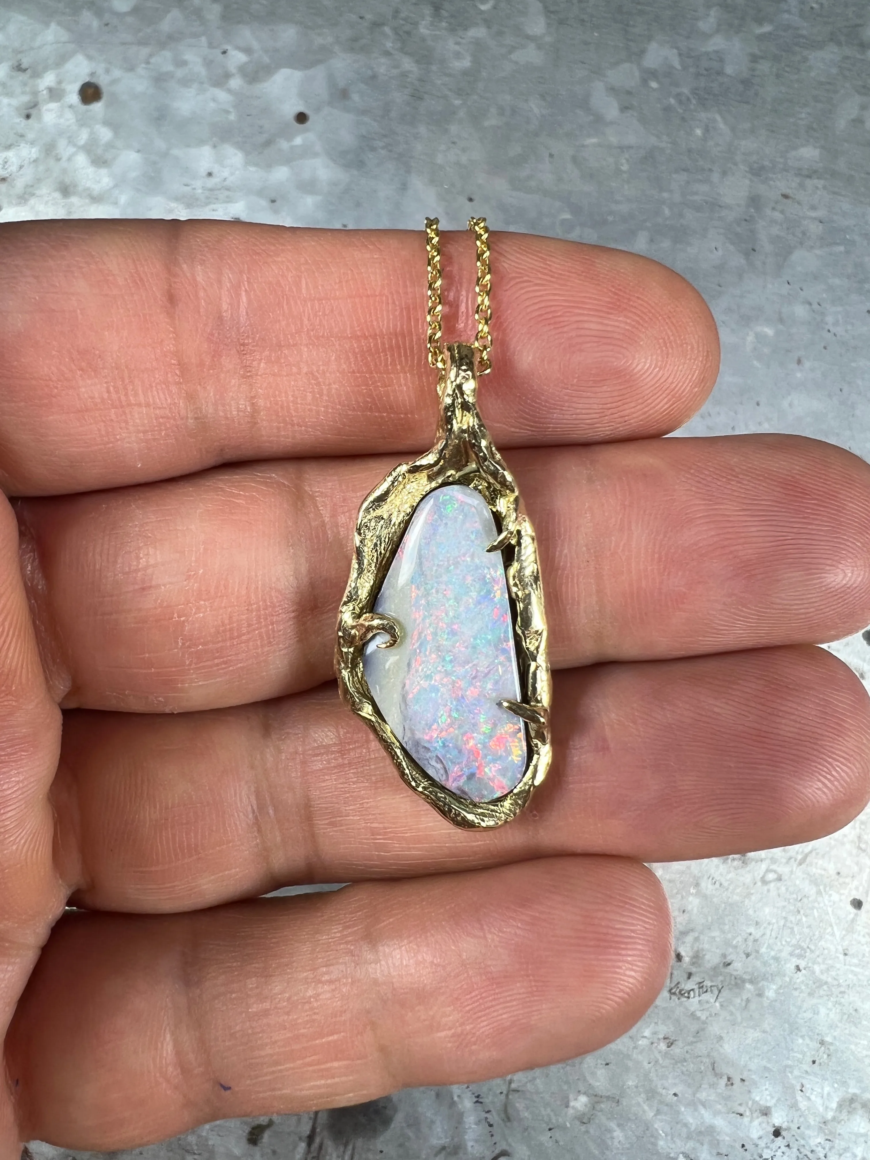 Opal World No. 2 (Genuine Australian Boulder Opal, 10K Solid Yellow Gold Pendant)