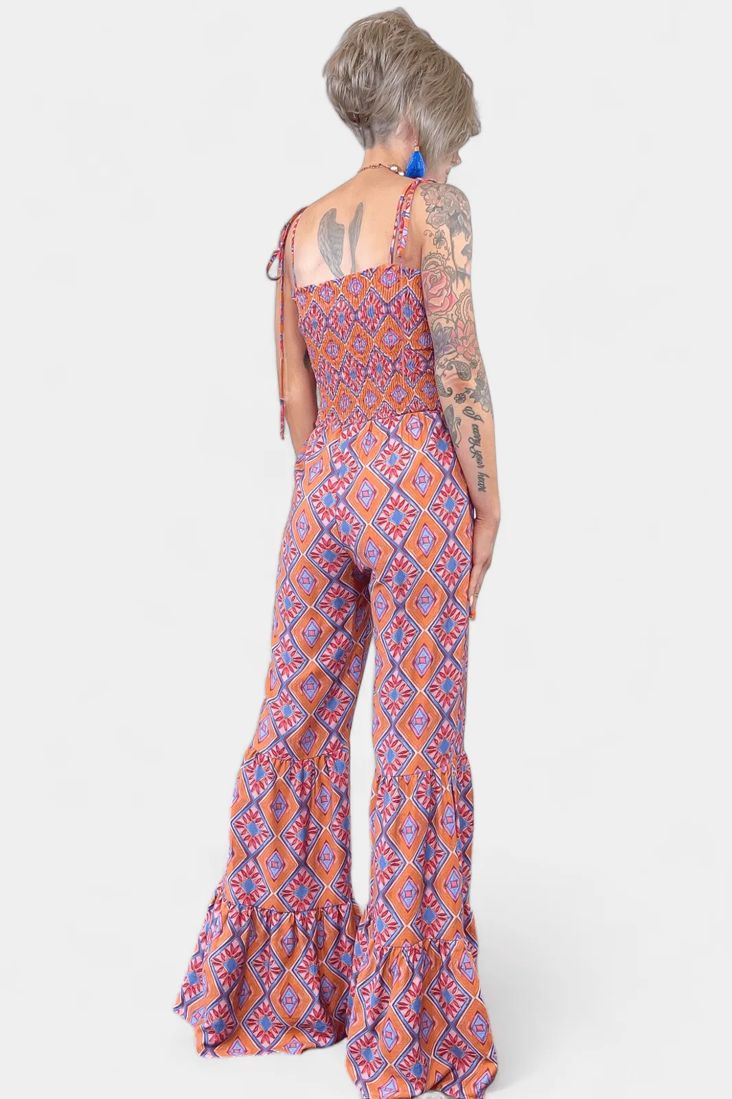 Orange Tribal Flared Jumpsuit