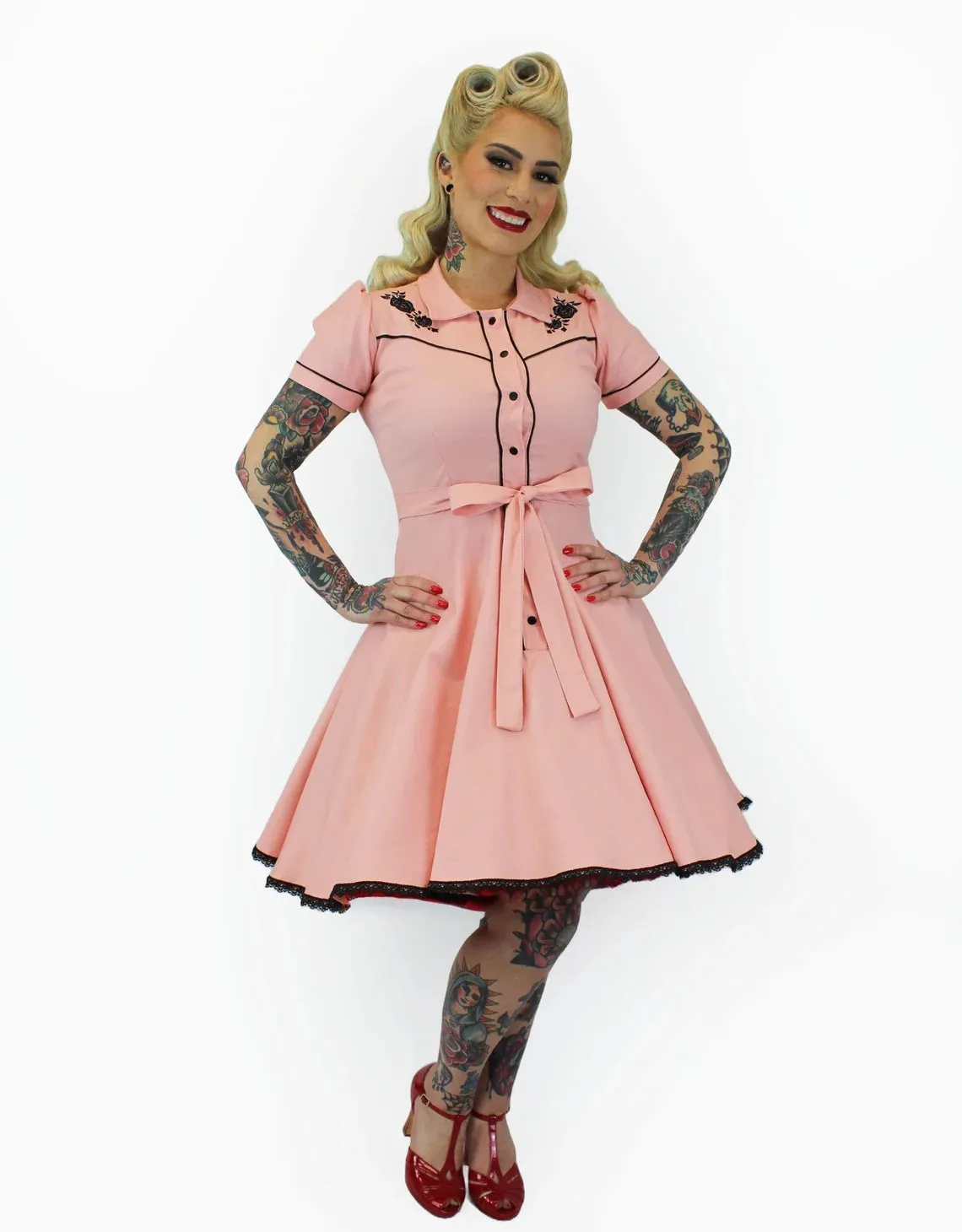 Pink Black Rose Vintage Rockabilly Western Country Women Dress #E-PRWD