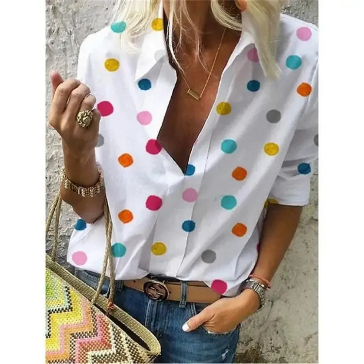 Polka Dot Blouse Women Turn Down Collar Long Sleeve Shirts