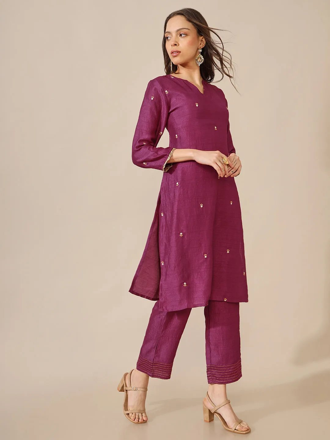 Raati Wine Embroidered Straight Kurta and Pant Set