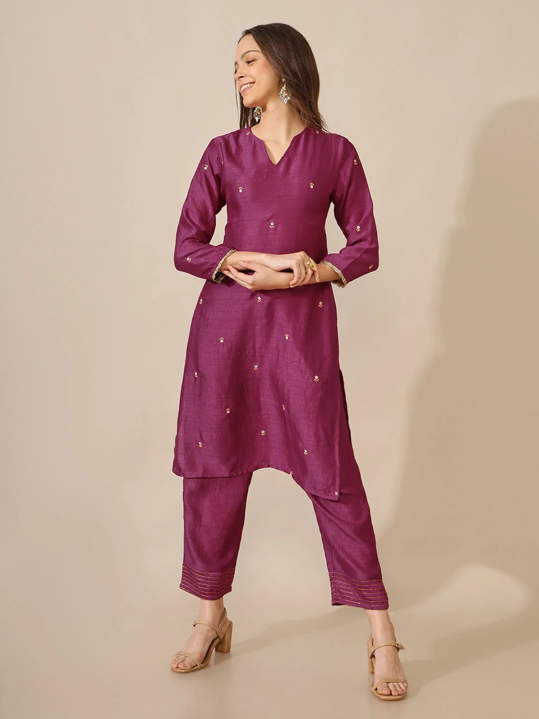 Raati Wine Embroidered Straight Kurta and Pant Set