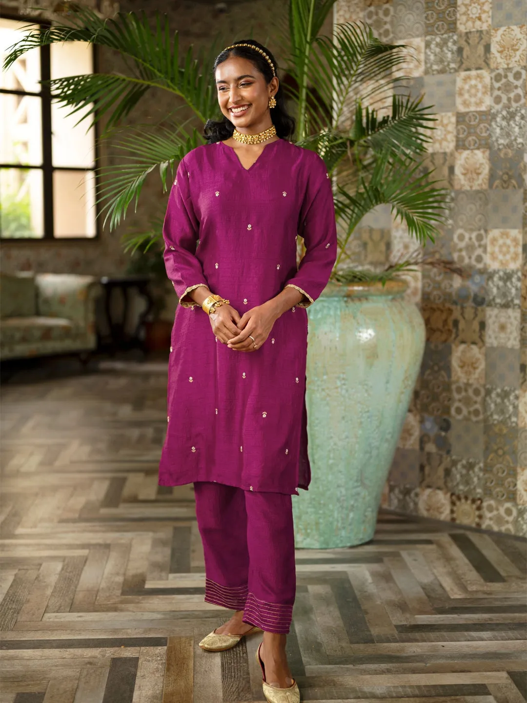 Raati Wine Embroidered Straight Kurta and Pant Set