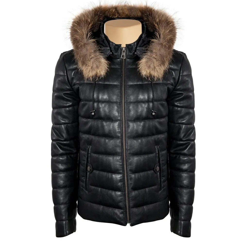 Richie Winter Puffer leather jacket with fur hoodie