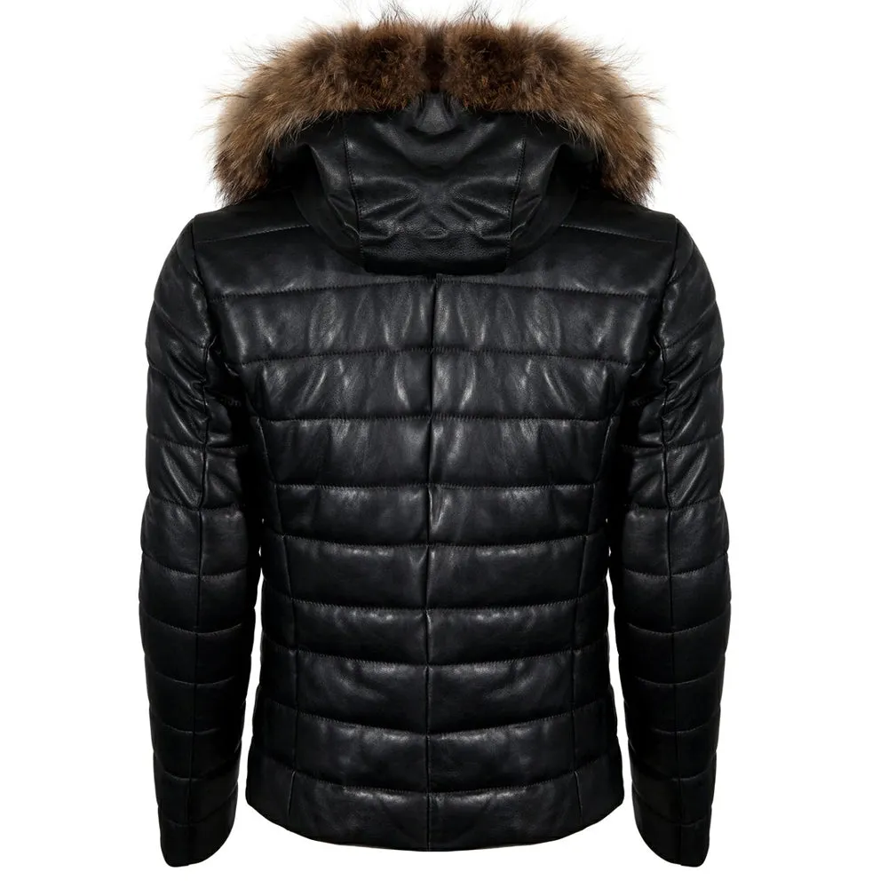 Richie Winter Puffer leather jacket with fur hoodie