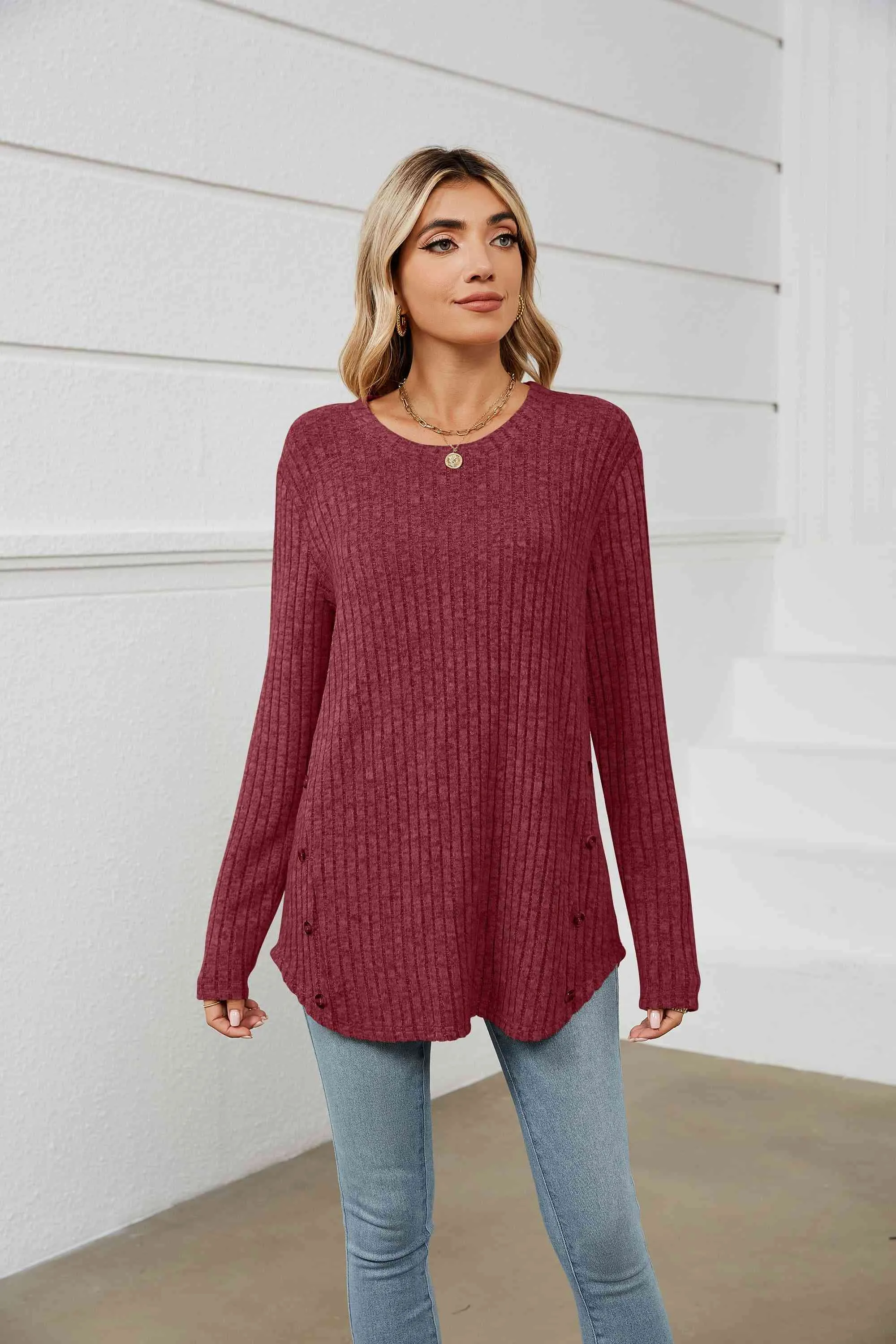 Round Neck Ribbed Long Sleeve T-Shirt