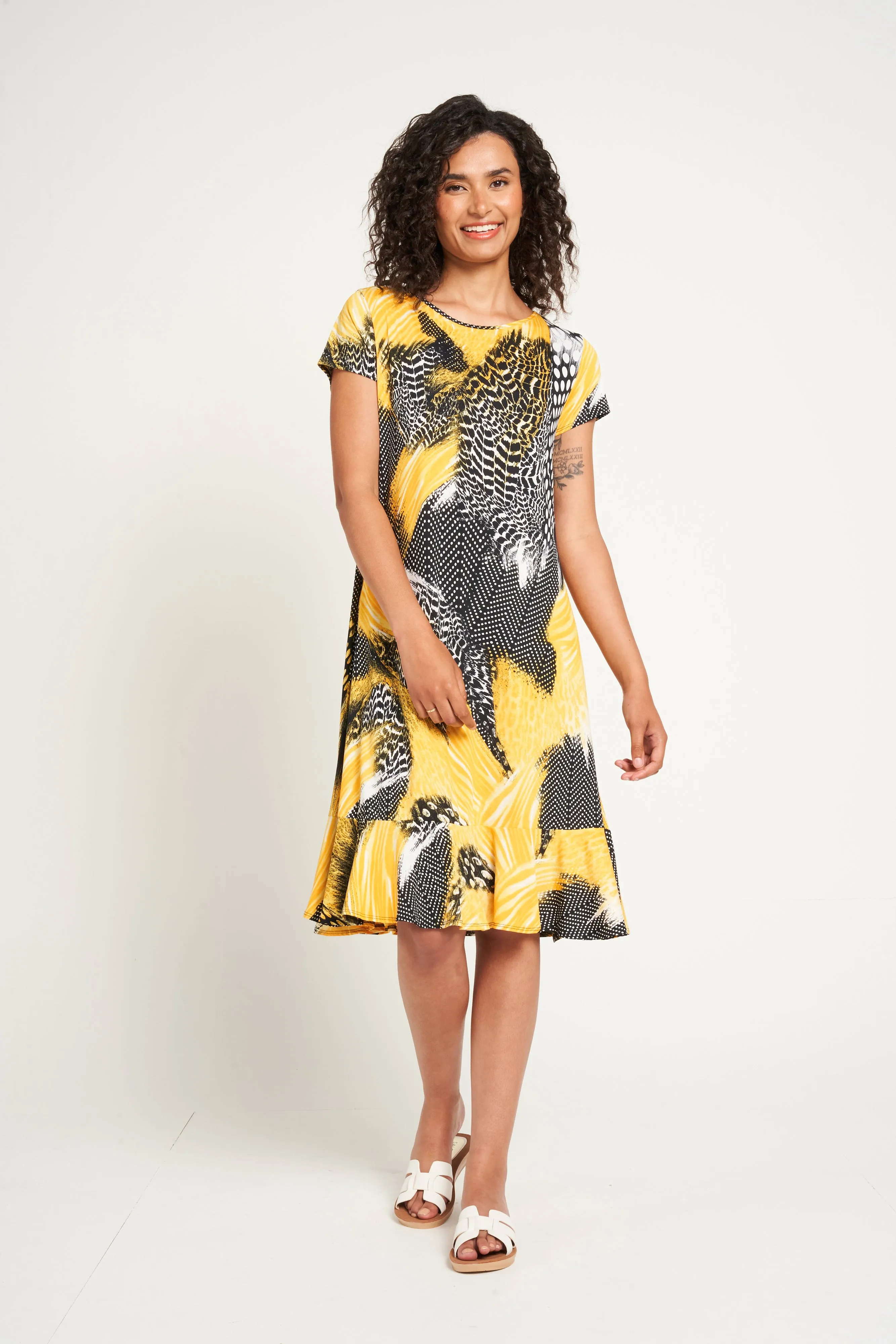 Saloos Abstract Print Dress with Frilled Hem