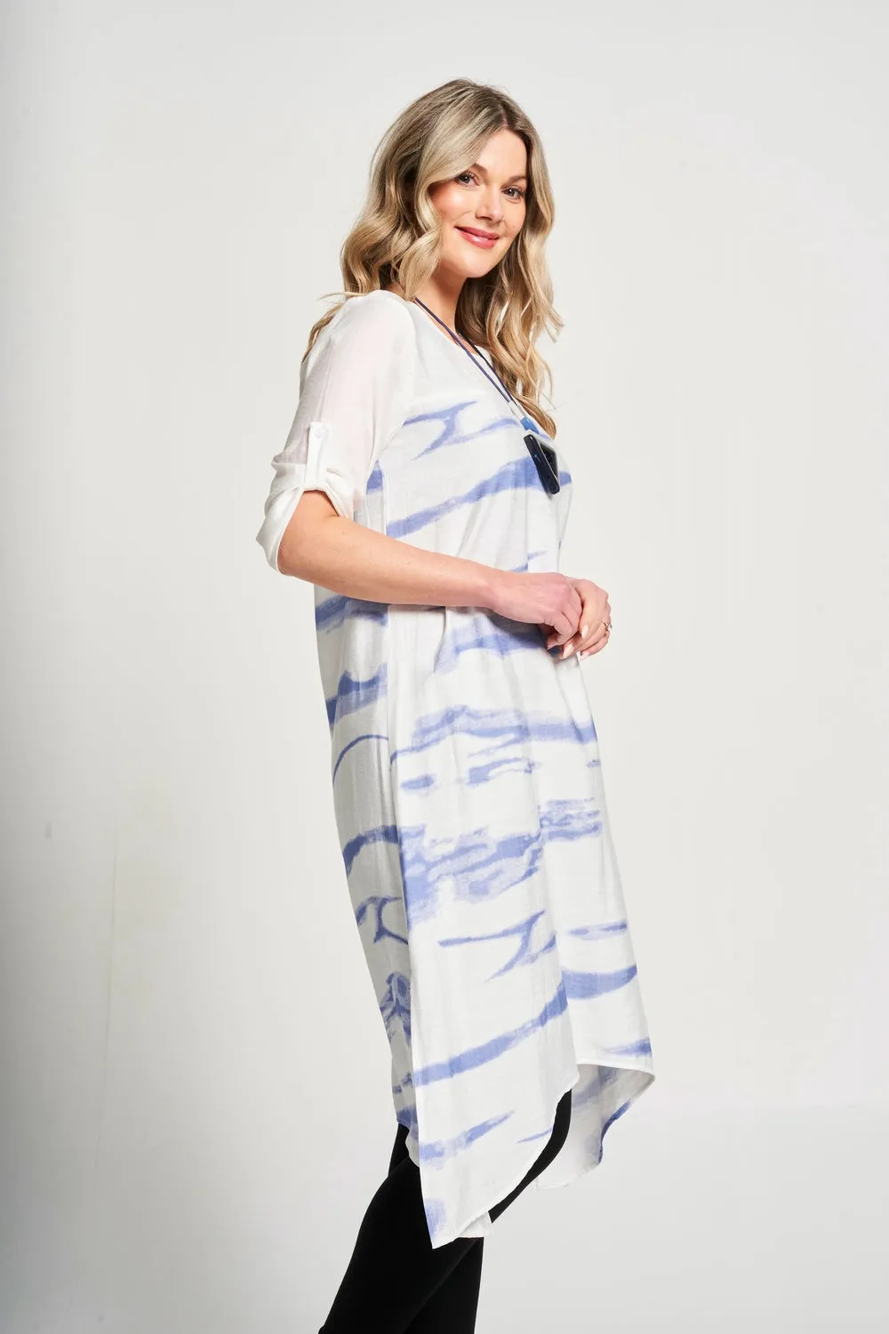 Saloos Ruched Sleeve Print Dress with Necklace