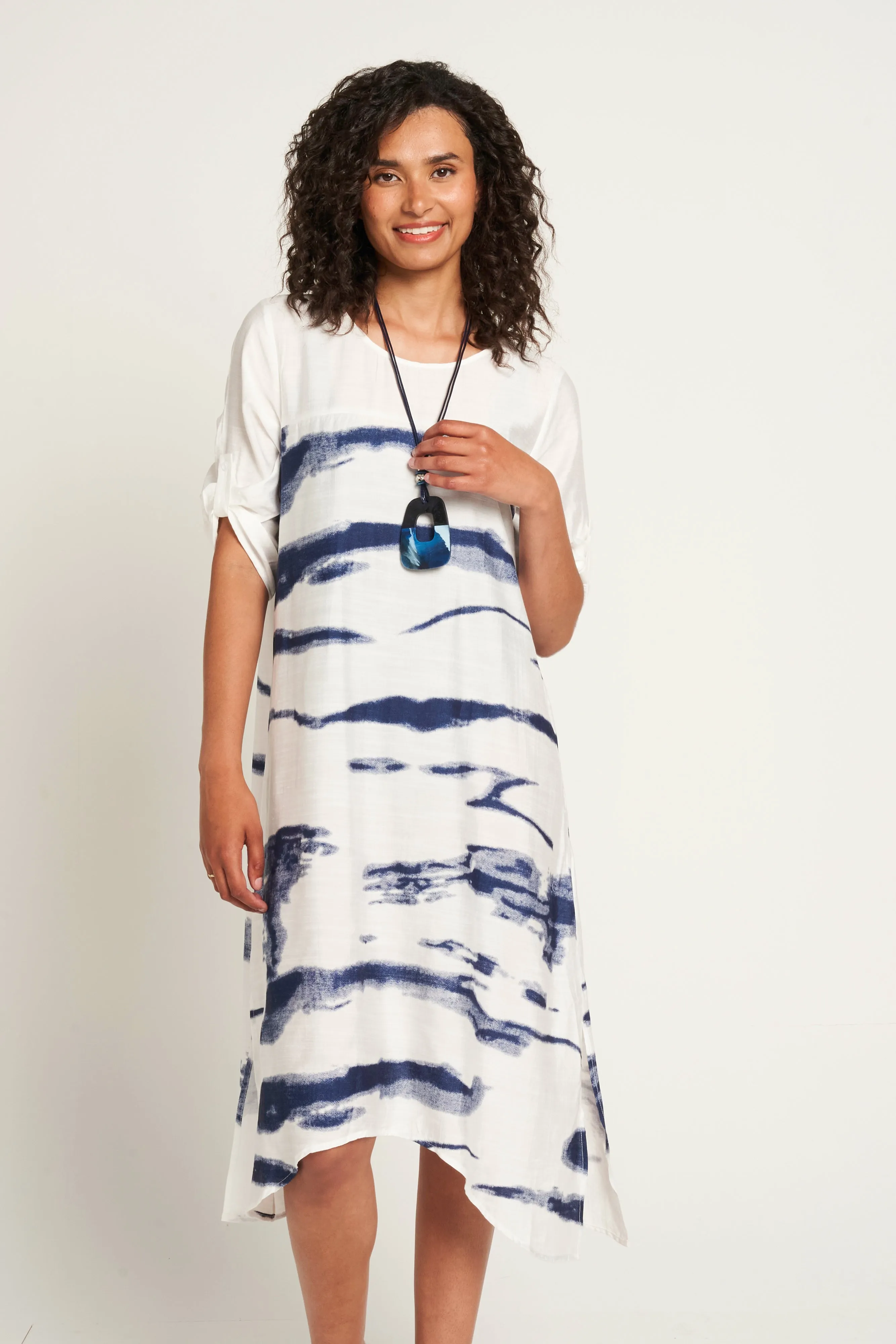 Saloos Ruched Sleeve Print Dress with Necklace