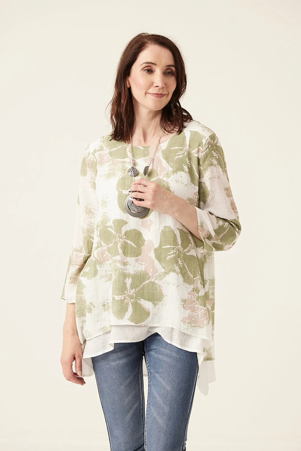 Saloos Ruched Sleeves Double Layer Top with Necklace