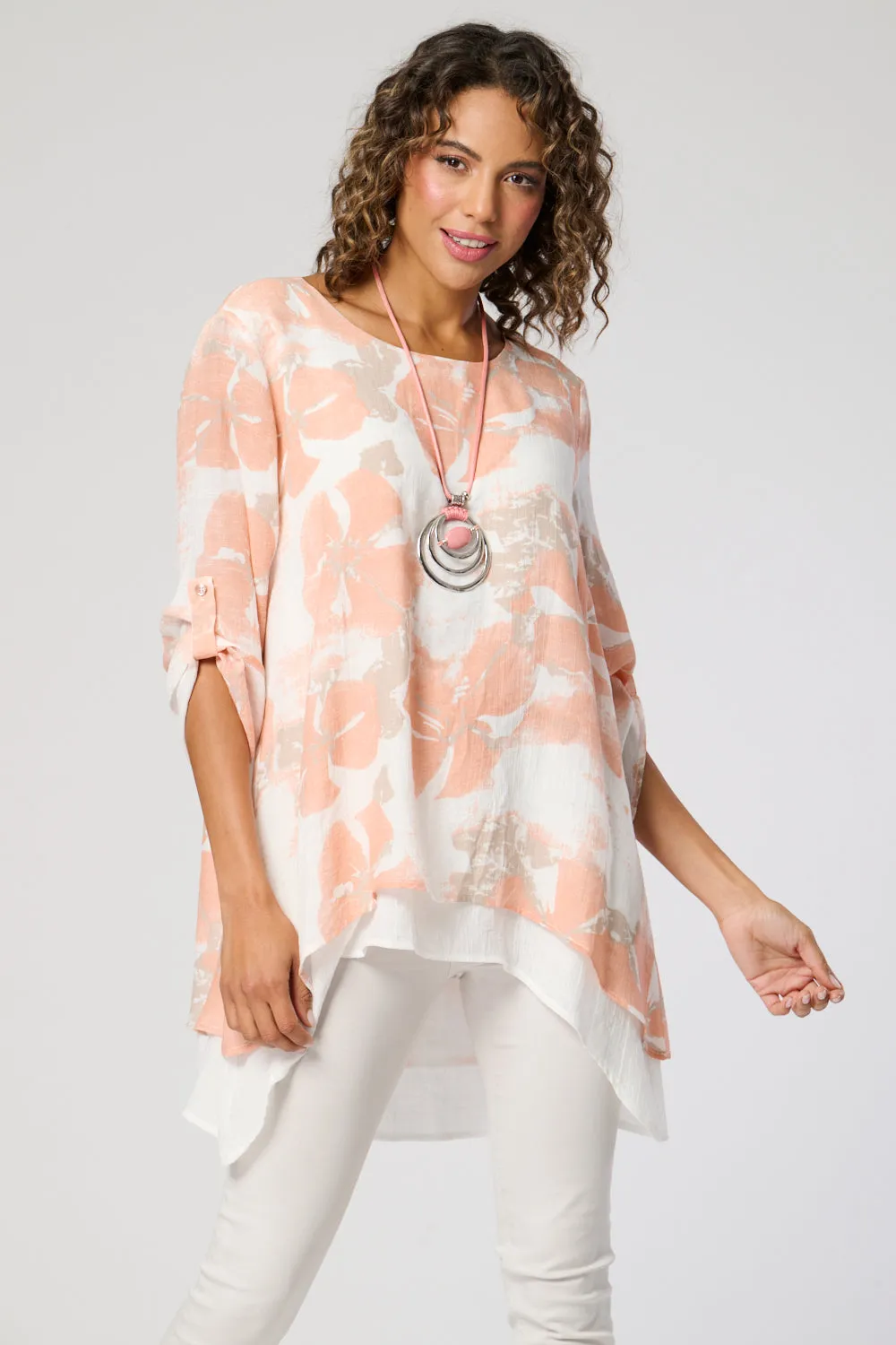 Saloos Ruched Sleeves Double Layer Top with Necklace