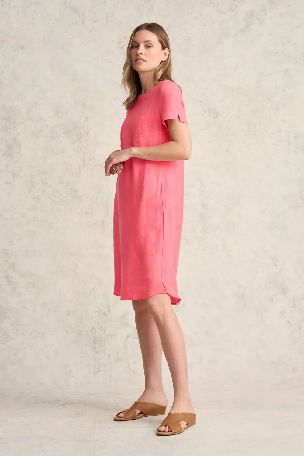 Scoop Neck Linen Dress - Coral