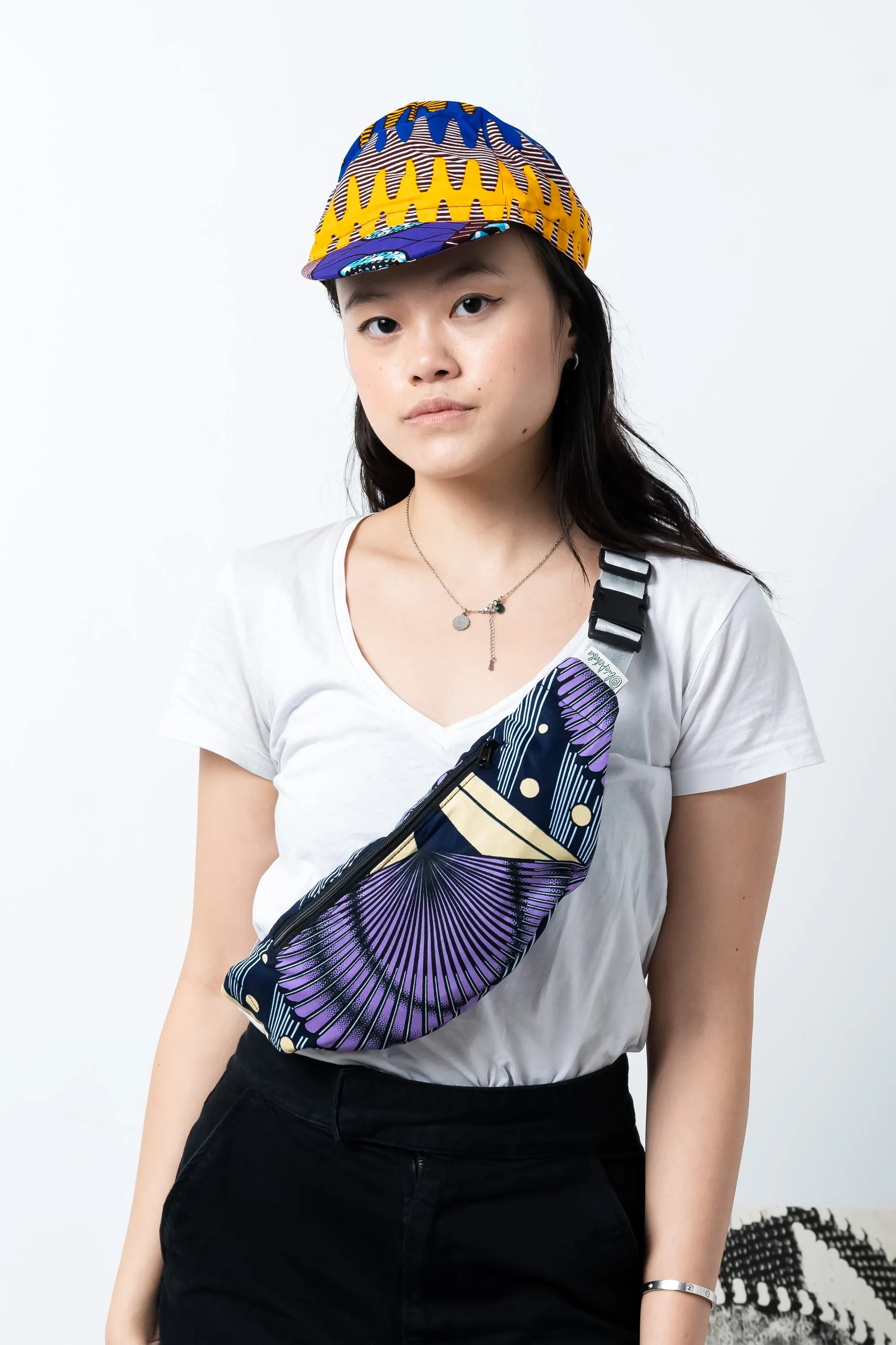 Seye Waistbag - Purple Beige Black and Silver African Ankara Wax Cotton Print - 17