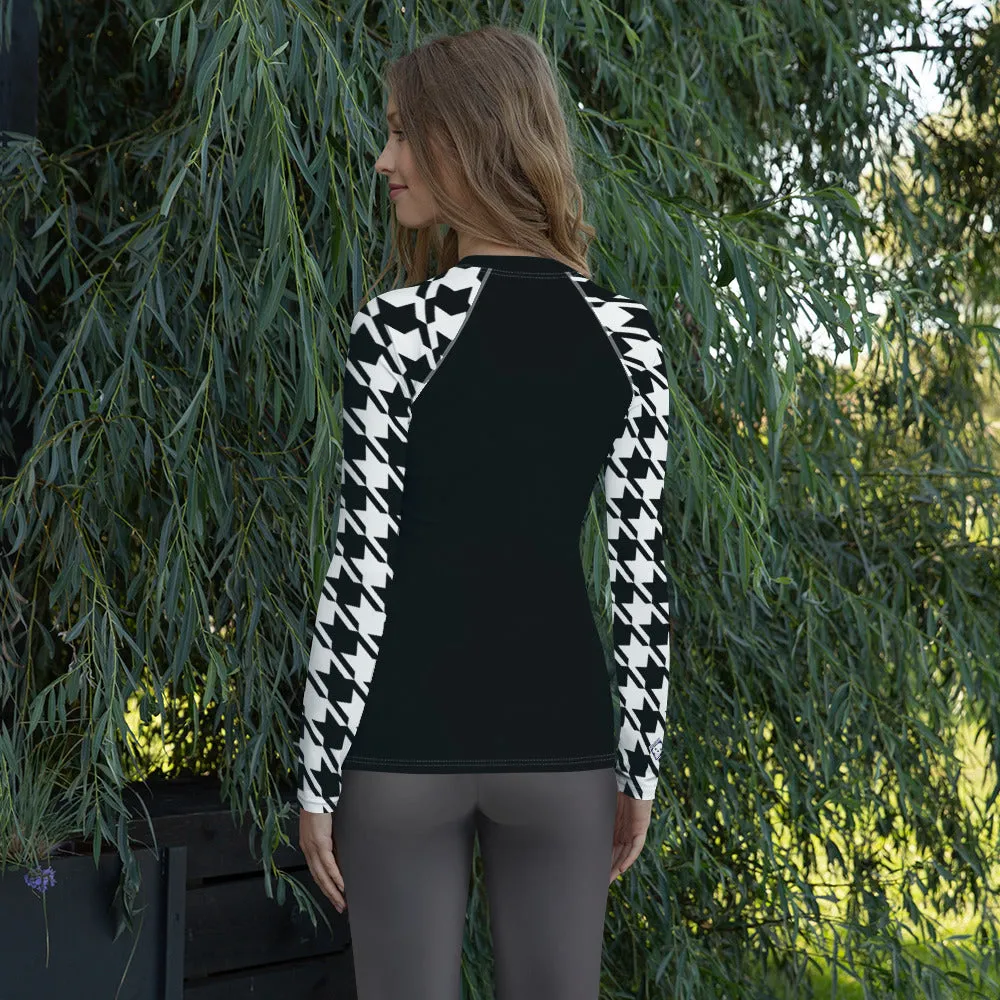 Sleek Sophistication: Women's Jiu-Jitsu Houndstooth BJJ Rash Guard Noir