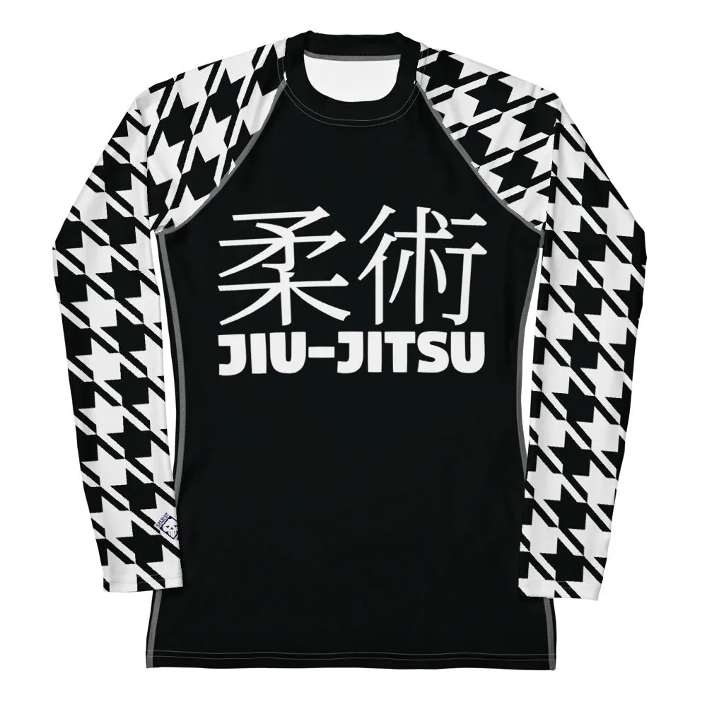 Sleek Sophistication: Women's Jiu-Jitsu Houndstooth BJJ Rash Guard Noir